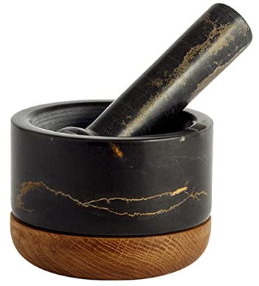 UNbit Mörser- und Stößel-Set aus schwarzem Marmor mit Holzsockel, große Mahlschüssel aus massivem Stein for Guacamole, Salate, Kräuterzerkleinerer, Mahlen und Zerkleinern von Gewürzen und Nüssen zur F
