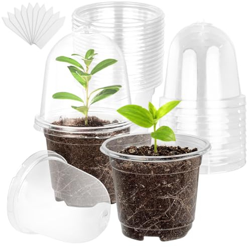 30 Stück Klare Anzuchttöpfe mit Feuchtigkeitskuppel, Ø 9cm Transparent Blumentopf aus Kunststoff mit 10 Pflanzenetiketten, Blumentopf Sämling-Start-Töpfe für Sukkulenten, Samen, Setzlinge