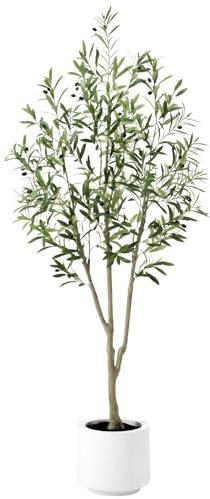 Keeplush 6ft Artificial Olive Tree with White Pots, Tall Faux Olive Tree with 756 Lifelike Leaves and 54 Fruits, Olive Tree Artificial for Indoors Living Room Bedroom Balcony Corner Office Decor