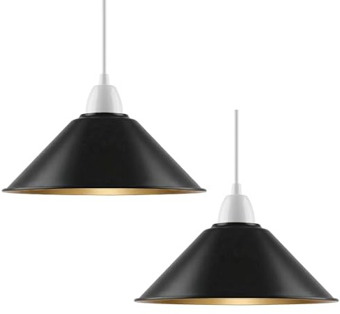 Vintage-Retro-Lampenschirm, Metallkegel, einfache Montage, industrieller 22 cm Lampenschirm, 4 cm, E27 Hängeloch für Küche, Wohnzimmer, Flur (schwarz, innen goldfarben, 2 Stück)
