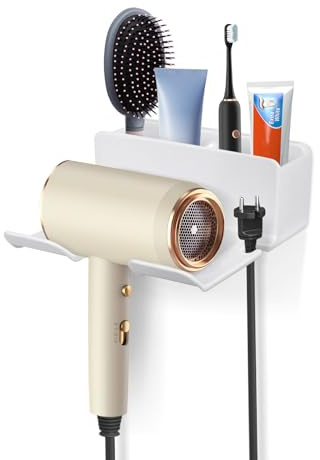 Minicoco Hair dryer Holder Wall Mounted Plastic Hairdryer Holder Hairdryer Holder Station Accessories Bathroom Hair Tools Organiser with Plug Hook & Storage Space
