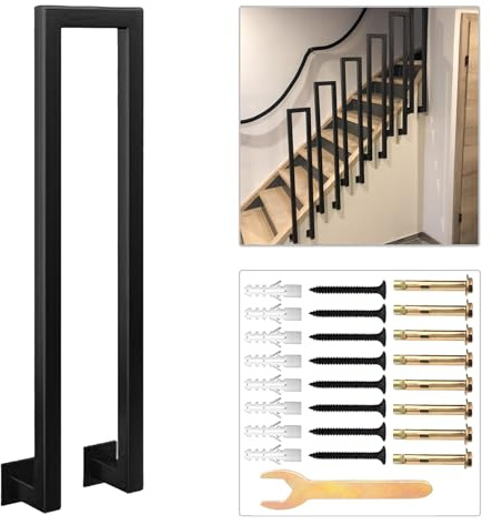 Barandilla en Forma de U, Pasamanos Antideslizante de Montaje Lateral Barandilla de Escalera de Metal Negro, Barra de Apoyo de Seguridad para Escalones Exteriores, Jardín, Pasillo, Villa (110cm)