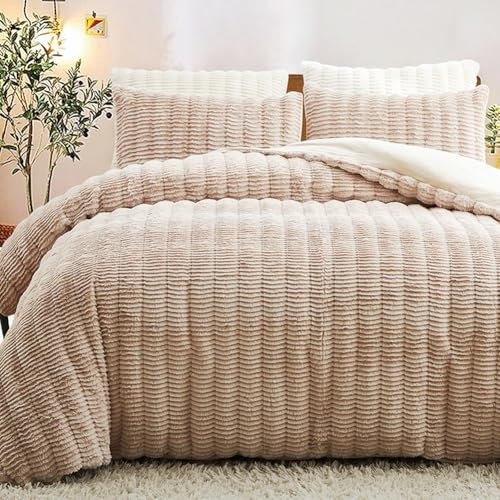 Tospass Plüsch Bettwäsche 135x200 cm 4 Teilig Khaki Flauschig Warm Winterbettwäsche Kunstfell Querstreifen Flanell Fleece Cashmere Touch 2 Bettbezug mit Reißverschluss und 2 Kissenbezug 80x80cm