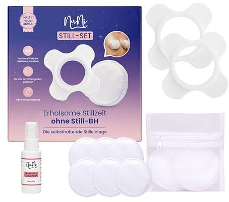 NuNi Mehrweg selbstklebende Stilleinlagen mehrere Wochen Stillen und Schlaf ohne Still BH bestehend aus 2 Silikonpads und 6 waschbare Stilleinlagen mit saugfähigem Kern und Reinigungsspray