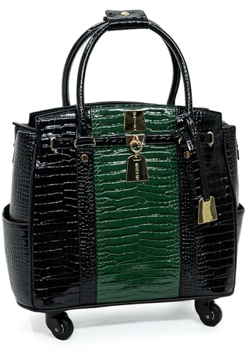 MAYYAD Emerald Green and Black Rolling Laptop Bag for Women – Premium Crocodile Embossed PU Leather Business Trolley – Stylish 17.3” Laptop Briefcase with Spinner Wheels