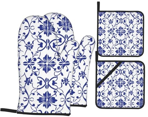 4 guanti da forno e presine in porcellana blu e bianca, guanti da forno da cucina con presine, guanti antiscivolo ad alta resistenza al calore a 500 gradi per barbecue, grill, cottura, forno