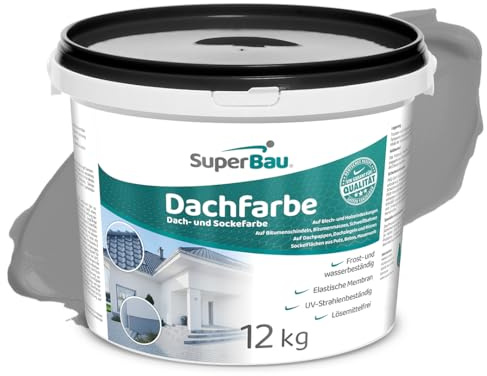 SuperBau Dachfarbe Grau 12 kg (≈30m²) Wasserdicht, Sockelfarbe, Fassadenfarbe für Außen, Dachbeschichtung für Blechdach, Bitumen, Dachpappe, Schindeln, Putz