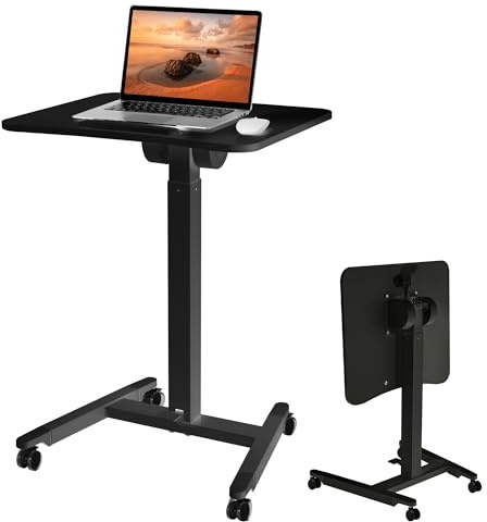 Fromann Verstellbarer pneumatischer Überbetttisch mit Rollen, faltbarer Überbetttisch, Fußpedal, höhenverstellbar, 73,5-110 cm, für Wohnzimmer, Schlafzimmer (schwarz