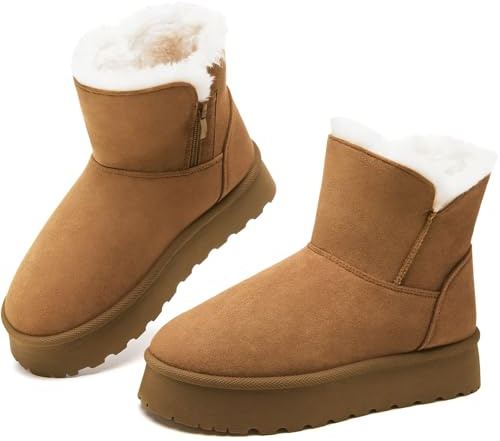 THATXUAOV Womens Ankle Winter Boots, Anti-Slip Suede Mini Boot For Women,Side Zipper Platform Slip On Snow Boots With Fur Lining(Chestnut,US8)