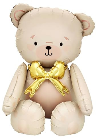 Palloncino XXL in orsacchiotto, Palloncini Tema Carino Palloncini in Foil Orsetto, Crema con Fiocco Dorato, Riempimento ad Aria, Palloncino in Piedi per Baby Shower e Feste per Bambini