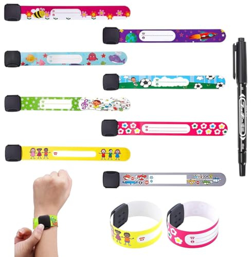 CEJAS 8 Piezas Pulsera Identificativa Niños con Bolígrafo, Pulsera Seguridad Anti perdida Pulsera de Emergencia Impermeable Reutilizable para Niños Niñas Bebé Arneses de seguridad Bebé