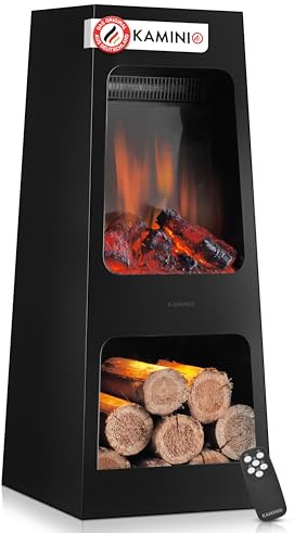KAMINIO Elektrischer Gartenkamin Kai - Elektro Terrassenofen mit Heizung, 3D-Flammeneffekt, Holzfach, LED-Ambientelicht, Fernbedienung (Large)