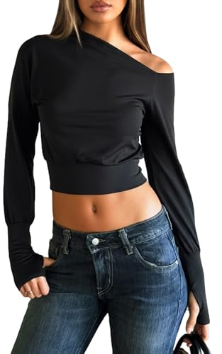 Navneet Off Shoulder Oberteil Damen Langarm Crop Top Bauchfrei Schulterfrei Y2K Herbst Party Outfit Schwarz M