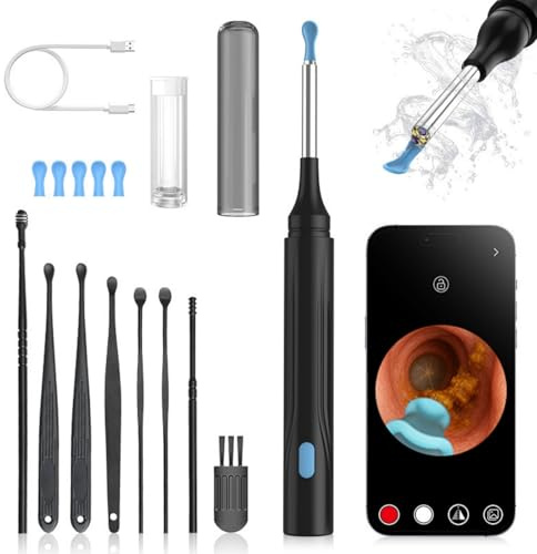 Miluna Pro Plus Nettoyeur d'oreille intelligent – Nettoyeur d'oreille avec appareil photo, 1080p HD IP6X avec éclairage LED, étanche IP67, idéal pour les familles et les voyages (noir)