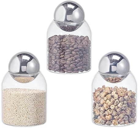 Eden & Willow Set of 3 Glass Storage Jars with Stainless Steel Ball Lid - Clear Glass Canisters for Kitchen Countertop Pantry Organisation (3, 0.5L)