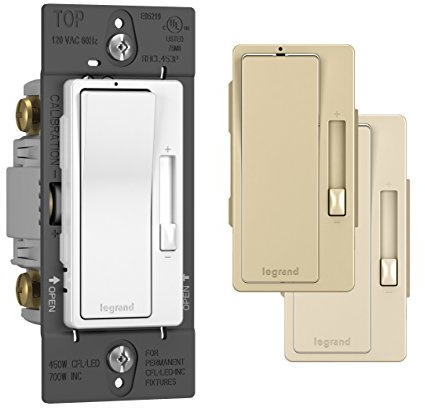 Legrand Radiant 450W Preset Decorator Rocker Dimmer Light Switch, Dimmable for LED and CFL Bulbs with Locator, Single Pole/3-Way,RH453PTCCCV6, White/Light Almond/Ivory, 1 Count
