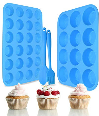 Helpcook Silicone Muffin Pan Cupcake Set – Non-Stick 12 Cups and Mini 24 Cups,Silicone Baking Molds,BPA Free Muffin Tin with 1 Spatula & 1 Oil Brush (blue)