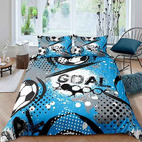 Loussiesd Boys Football Comforter Cover Kids Sports Theme Bedding Set Black White Blue Soccer Ball Pattern Duvet Cover for Children Competitive Games Bedspread Cover Room Decor Bedclothes King Size