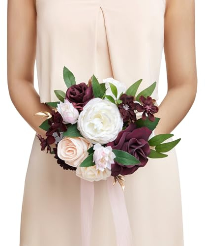Ling's moment Künstliche Blumen Roter Brautjungfernstrauß, Marsala & Blush Hochzeitsblumensträuße für Brautjungfern, 7 Zoll Brautsträuße für Brautjungfern, Hochzeitsdekoration, Zeremonie, etc