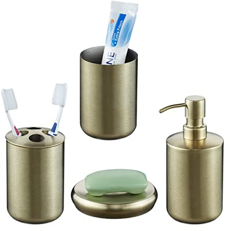 Relaxdays Badezimmer Set, 4-teilig, Seifenspender, Seifenschale, Zahnputzbecher, Zahnbürstenhalter, Edelstahl, Gold