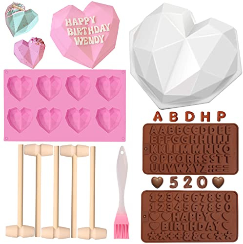 Breakable Heart Mold Kit for Chocolate With Hammer - 8 Cavity Diamond Shaped Silicone Mold for Baking, 8.8 Large Valentine Candy Making