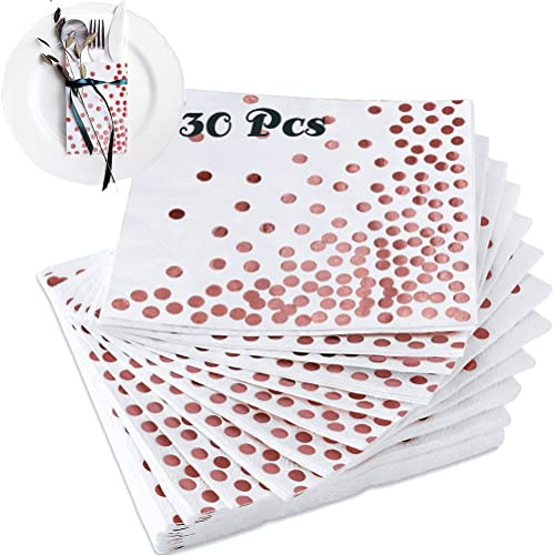 Servietten Geburtstag Rosegold,30 Stück Rosa Gold Foil Papierservietten Runde Punkte Cocktail Servietten,Geburtstagsservietten Serviette Papier 3-lagig für Hochzeit Gastronomie Tischdeko - 33 x 33 cm