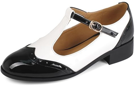 Sailimy Women's Black and White Two Tone T Strap Wingtip Saddle Oxford Mary Jane Shoes Low Heels Flats Buckle Strap Mid Block 7