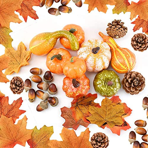 Herbst Deko Set 160 Pcs KüRbis KüNstlich Ahornblatt Thanksgiving Tischdeko Erntedankfest Halloween Dekoration Eicheln