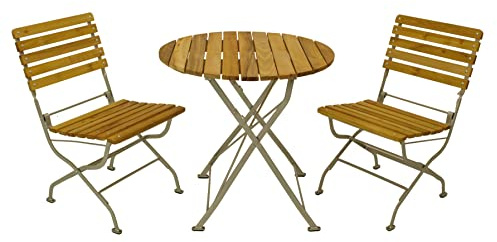 DEGAMO Garten Sitzgruppe Klappgarnitur Passau 3-teilig (2X Stuhl, 1x Tisch rund 77cm), Gestell Flachstahl verzinkt und transparent pulverbeschichtet, Belattung Robinien Holz, Outdoor