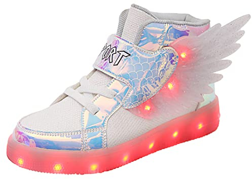 YUNICUS Wings Zapatillas iluminadas para niños y niñas, zapatos LED, carga USB, zapatos luminosos, zapatillas intermitentes, zapatillas de deporte para Halloween, Navidad, cumpleaños, Blanco, 27 EU