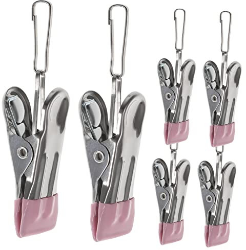 Cabilock Pinces à Linge et Multipurpose Robustes en Acier Inoxydable Lot de 6 et Organisation de Placard, Clips Anti-Vent Rose pour Extérieur pour Linge et Serviettes