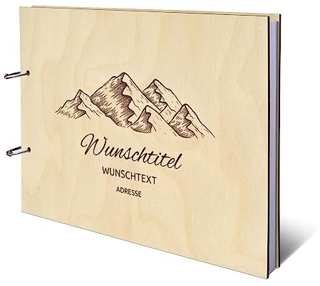 Personalisiertes Ferienwohnung Gästebuch echtes Holz DIN A4 Besucherbuch mit Lasergravur - Berge - mit 72 Blatt / 144 Seiten Naturpapier Weiß