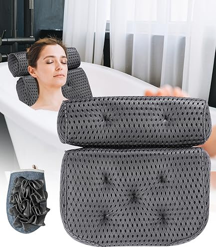 Almohada de Baño, Malla 4D Cojín de Baño, Reposacabezas Bañera con 7 Ventosas, Almohada Bañera Ergonómica, Bathtub SPA Pillow, con Guantes de Baño, para SPA en Casa Bañera