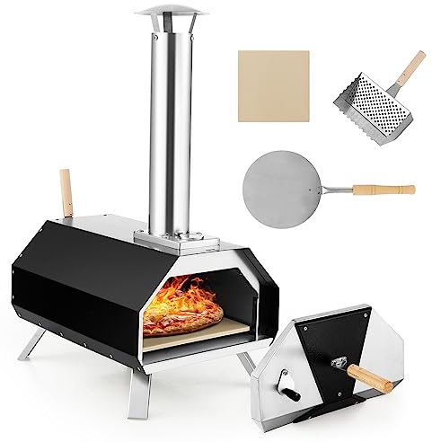 COSTWAY Outdoor Pizzaofen, tragbarer Pizza Ofen aus Edelstahl mit Pizzastein, Pizzaschaufel, Thermometer & klappbaren Beinen, für Picknick, Party, Camping