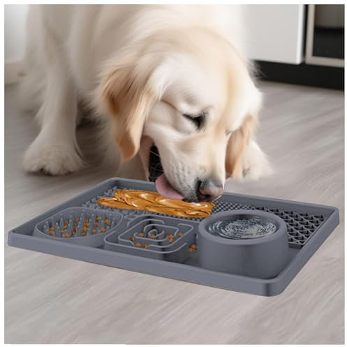 JUNZAI Slow Feeder Hund, mit superstarker Saugkraft,BPA-fre,Anti Rutsch, Silikon Schleckmatte Hund Antischlingnapf Hunde Groß, für Hund für Baden, Trainieren, Fellpflege Krallenpflege,Gray