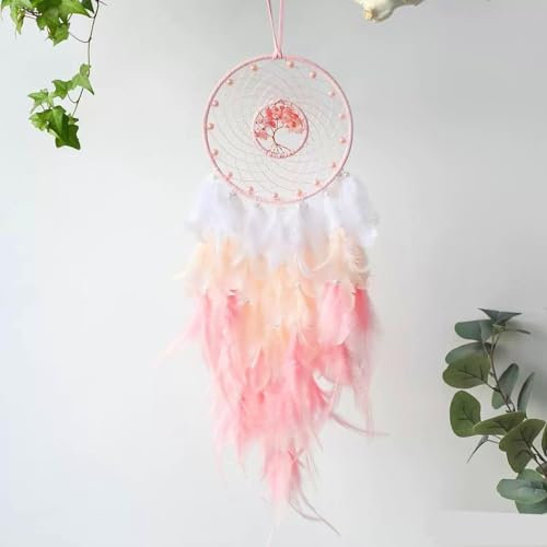 JZK Tree of Life Kristallsteine Baum des Lebens Weiß Rosa Feder Traumfänger mit Perlen für Mädchen Frauen Geburtstag Baby Kinder Schlafzimmer Dekoration Wandbehang Ornament Hochzeitsgeschenk