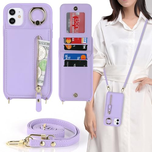 Zouzt Crossbody Wallet Case for iPhone 11, with Strap, Purple | Lanyard Purse, 4 Card Holder, 360° Ring Kickstand, PU Leather Zipper Handbag, Shockproof TPU, Back Flip Phone Cover for Women