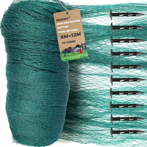 Teichnetz 6x12m Vogelschutznetz Vogelnetz - Grünes Gartennetz mit 10 Pfählen, Vogelnetz Schutz für Koi-Teiche, Garten, Obstbaum, Gemüsegarten, Balkon und Kleintier (72m²)