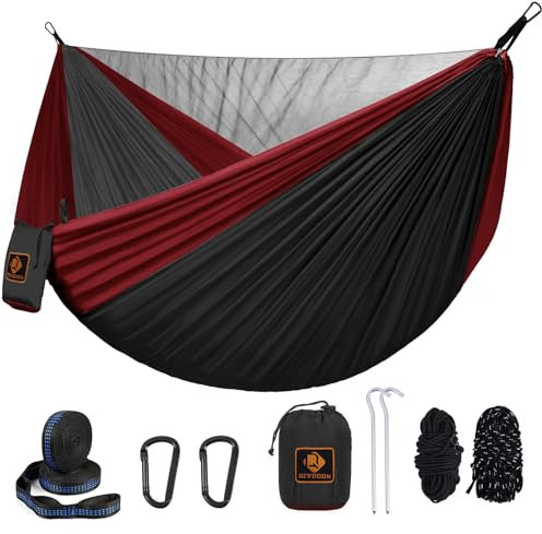 Camping Hammock, Portable Hammocks with Mosquito Net,Lightweight Nylon Parachute Hammock with 10ft Tree Straps,Camping Gear Must Haves for Travel Hiking Backpacking Beach Patio-Black&Red