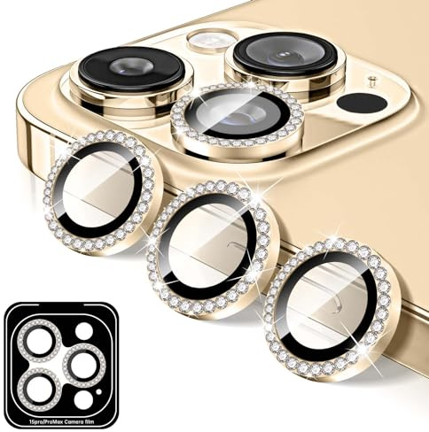 Kucheed Proteggi Obiettivo Fotocamera Compatibile con iPhone 15 Pro/15 Pro Max, Copriobiettivo per Fotocamera in Vetro Temperato Diamante, 9H Adesivi per Pellicole con Anelli Metallici