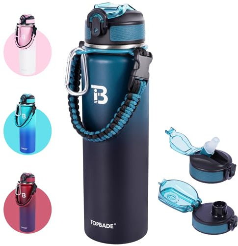 TOPBADE Borraccia Termica con 2 Coperchi (Cannuccia & no Cannuccia), 1000ml Bottiglia Termica con Manico Paracord Senza BPA/Senza Perdite Borracce Acciaio Inox per Scuola, Sport, Palestra, Ciclismo