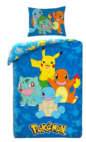 Pokémon Pikachu Glumanda Schiggy Bisasam Kinderbettwäsche 140x200 + Kissen | Wendebettwäsche Einzelbett | Mikrofaser weich schnelltrocknend | Pokémon Lizenz | 4-12 | Geschenk | Maschinenwaschbar