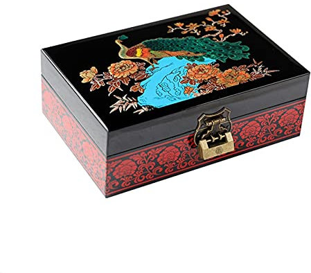 Holzschmuck-Aufbewahrungsbox mit Schloss und Schlüssel, handbemalte Gravur, Organizer-Etui für Frauen und Mädchen, für Ohrringe, Armbänder, Ringe, Uhren (Farbe: D) (D)