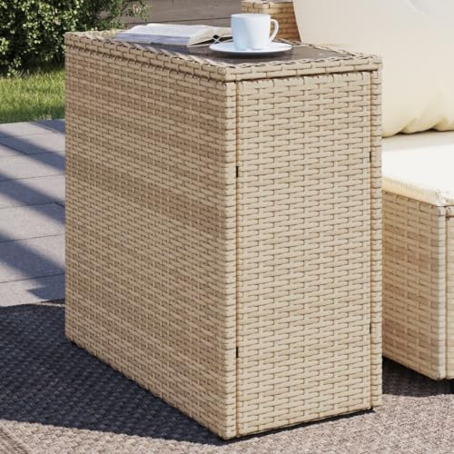 HEFZGDB Garten-Beistelltisch Glasplatte Beige 58x27,5x55 cm Poly Rattan Campingtisch Gartentisch Balkontisch Geeignet für Gärten, Terrassen, Decks.
