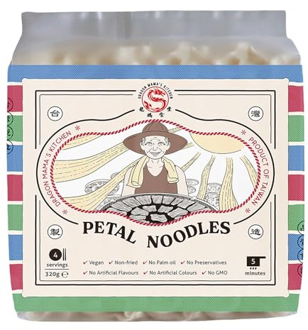 DRAGON MAMA'S KITCHEN Taiwanese Petal Noodles, Vegan, 320gx1 | Thick & Chewy Texture · Perfect for Soups & Stir-Fries · Vegan · Non-Fried · No Palm Oil · Non-GMO · Traditional Craft