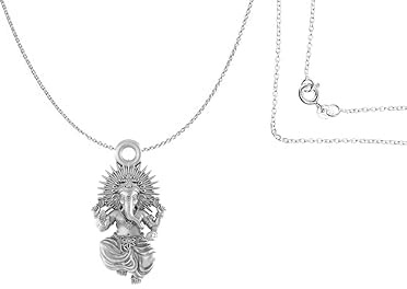 INDIA MADE Sterling Silber (92,5% Reinheit) Gott Ganesha Kettenanhänger (Anhänger mit Kette) für Männer & Frauen reines Silber Lord Ganapathy Kette Medaillon -AMZ236, Silber, Erstellter Saphir