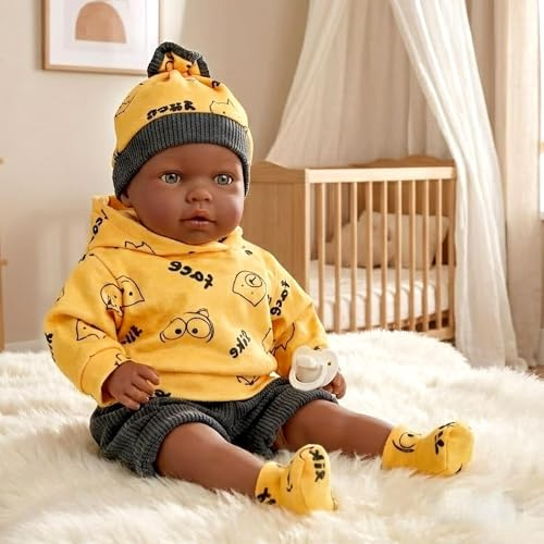 The Magic Toy Shop BiBi Doll 18 Eshe Black Baby Doll with 16 Realistic Sounds – Soft Body with Vinyl Head & Limbs – Ethnic, Brown Eyes, Yellow Outfit, Dummy – for Girls & Boys