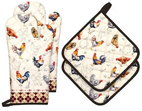 Arquiel Roosters Oven Gloves Cotton Oven Mitts for Kitchen, Set of 4 | 100% Cotton, Extra Long Heat Resistant Design, Fit Cooking BBQ Grilling Baking, Perfect Kitchen Gift