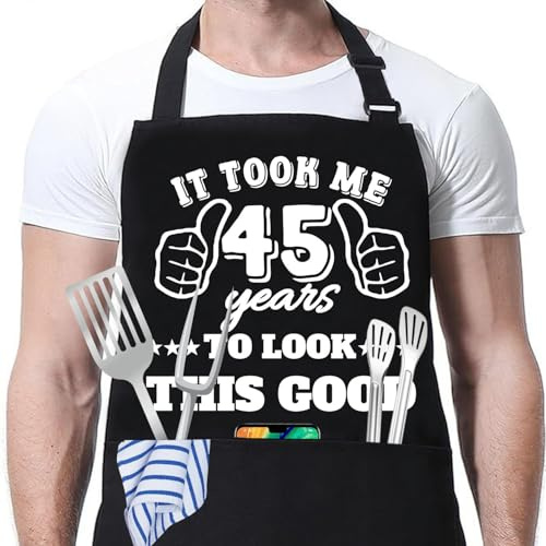 JOUWUI Delantales de chef con 3 bolsillos, regalo de cumpleaños número 40, 50, 60, 65, 70, 75 para hombres, cocinar, parrilla, barbacoa, chef, con 3 bolsillos, regalo de cocina, 45, Talla única