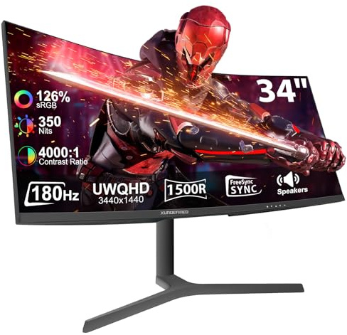 34 Inch Curved Monitor with Speaker, 180Hz UWQHD 3440x1440 Ultrawide Curved Gaming Monitor Split Screen, 4000：1 Contrast, sRGB 126%, FreeSync & G-SYNC, HDMI, DisplayPort, VESA, Height/Tilt/Swivel